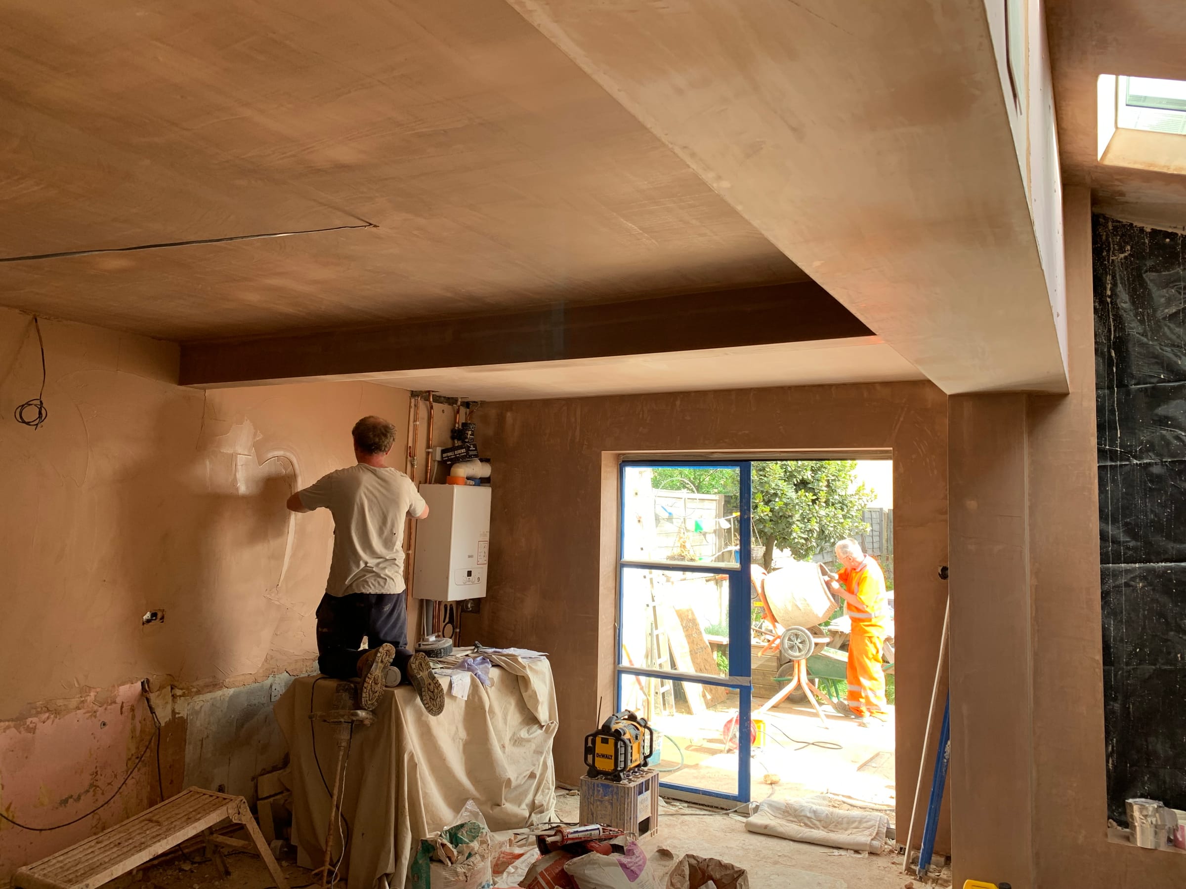 Fresh plastering finish inside a house extension